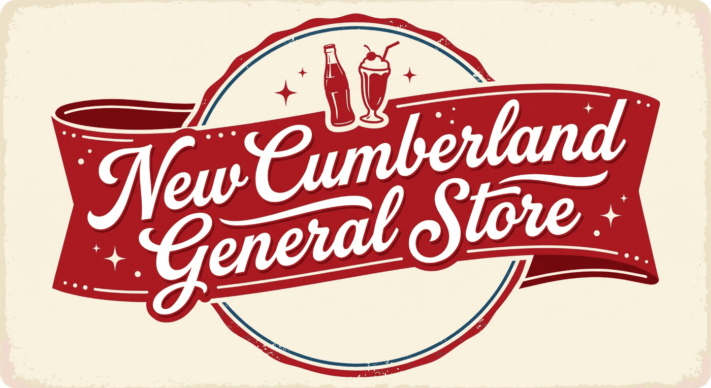 New Cumberland General Store, a red ribbon banner on a vintage enamel sign