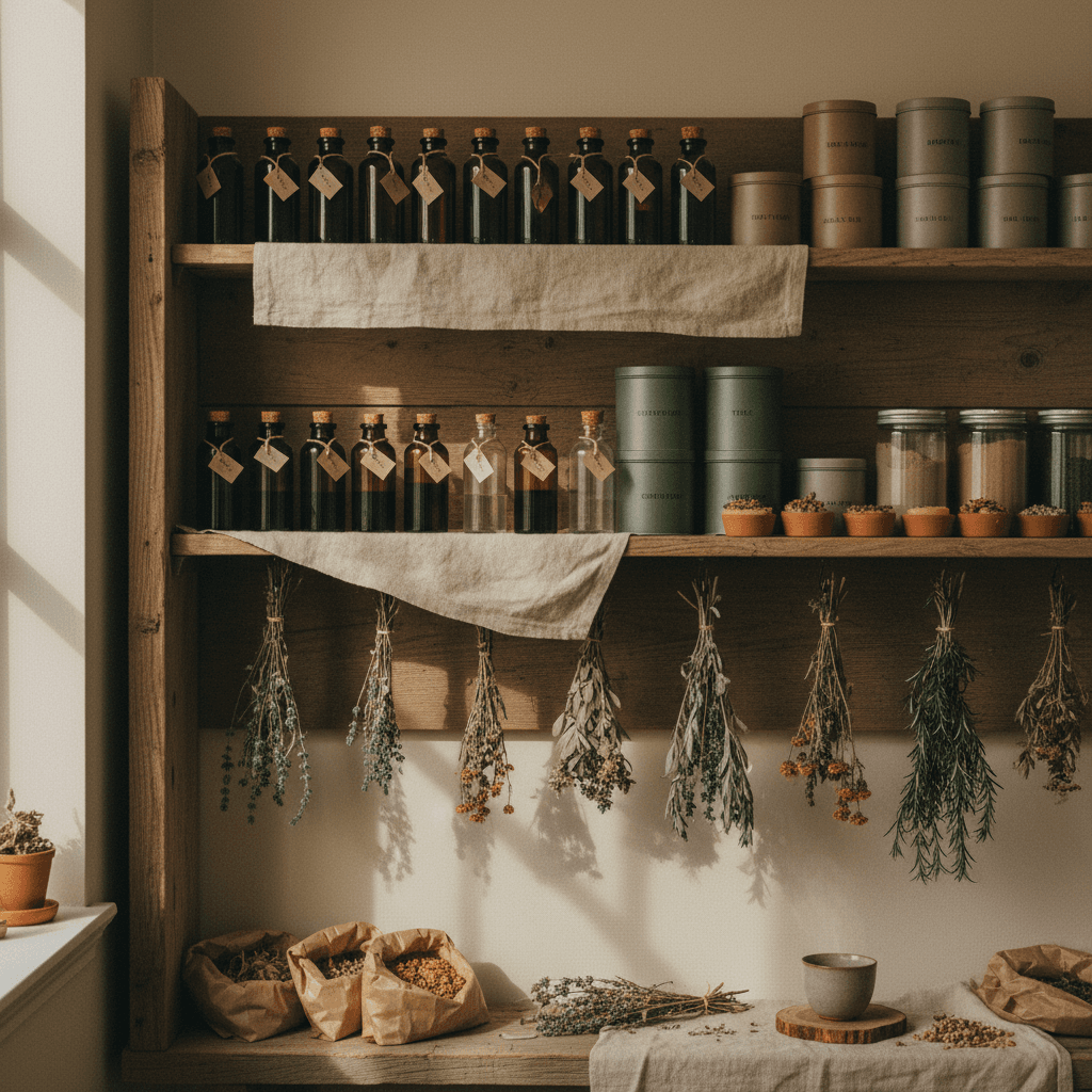 The apothecary shelf of tinctures, teas, and salves