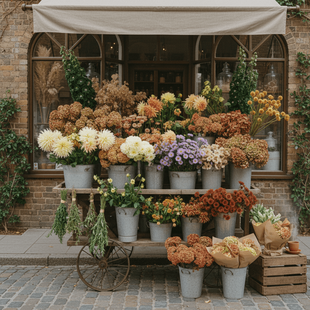 The sidewalk flower cart full of seasonal blooms