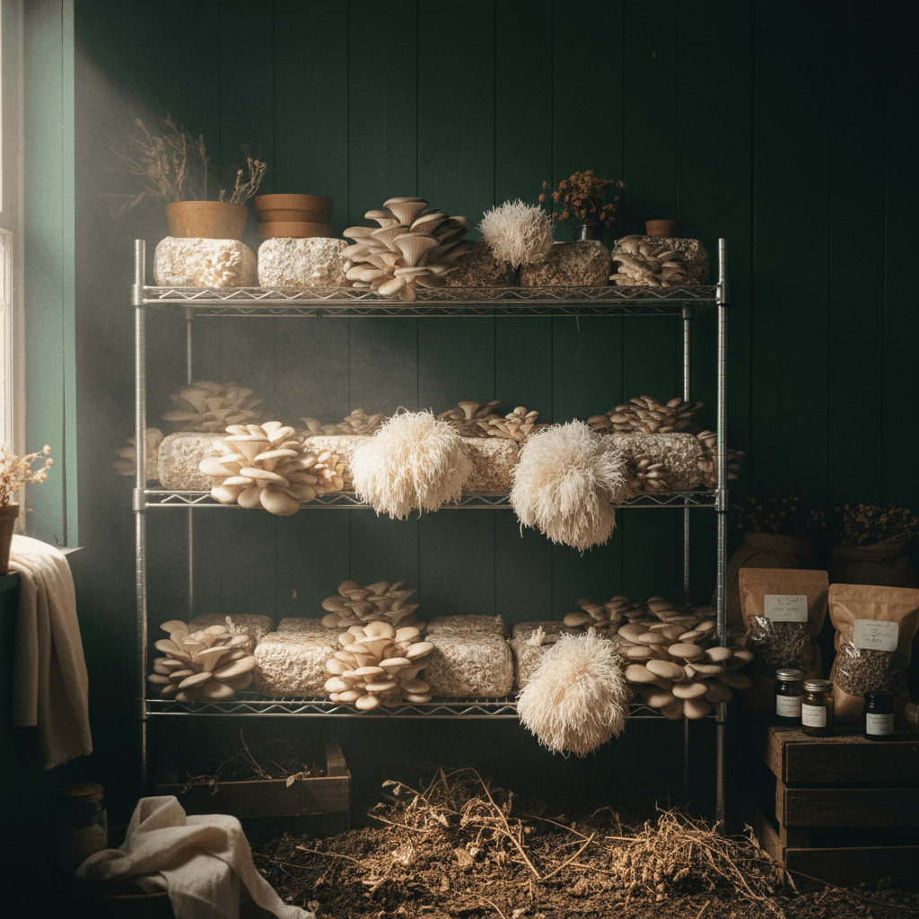 Growing mushroom blocks fruiting on a shelf
