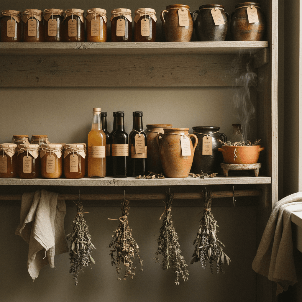 A pantry shelf of honey, vinegars, preserves, and oils
