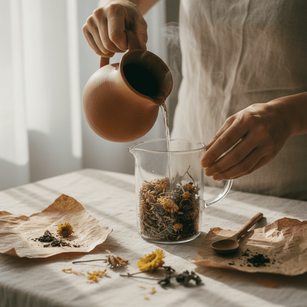 Hands pouring hot water over loose herbs in a glass steeping vessel, steam rising