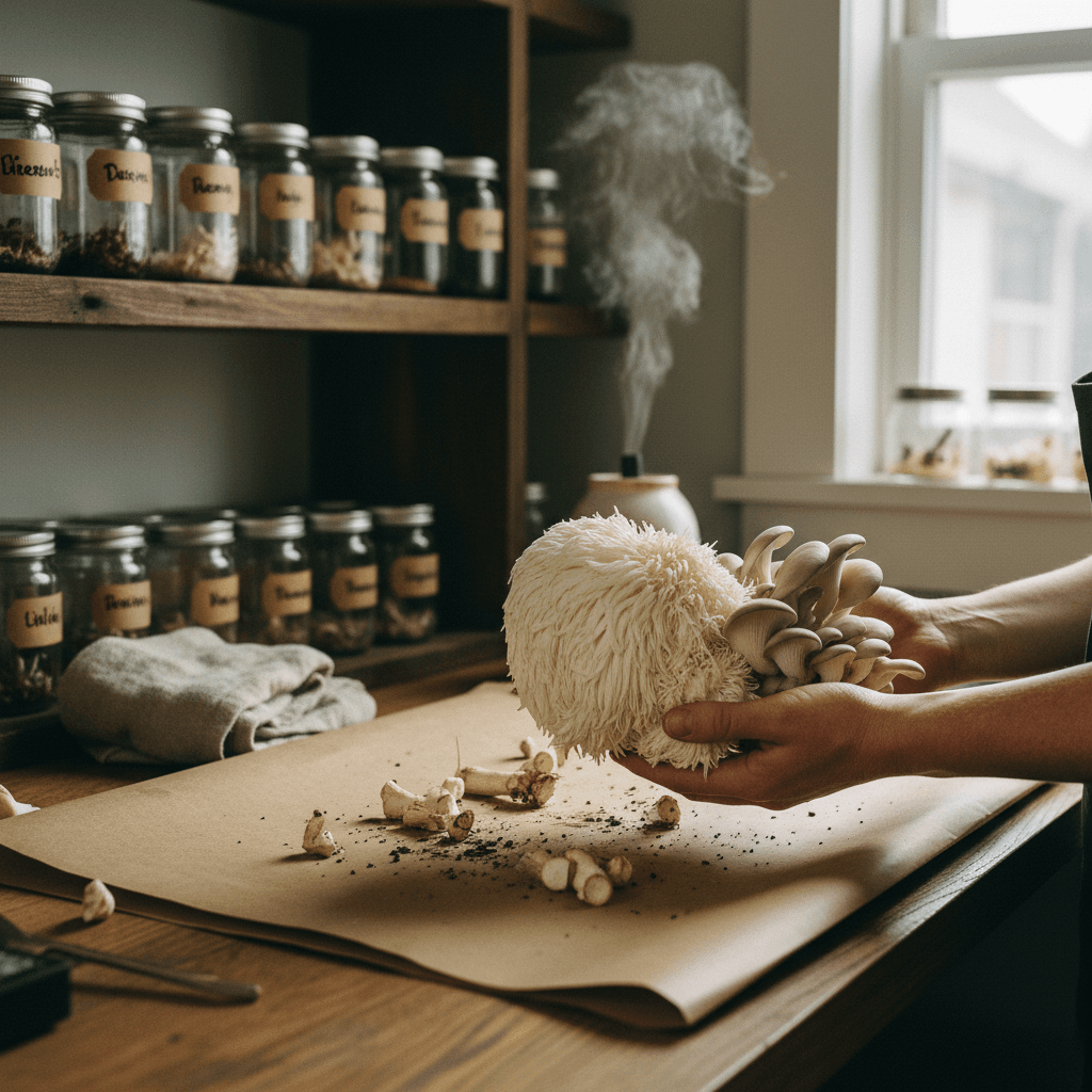 Hands holding a cluster of fresh gourmet mushrooms in the mycology lab