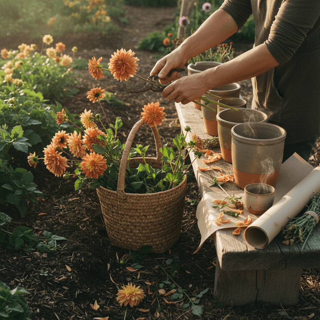 Hands cutting dahlias into a harvest bucket at the flower beds