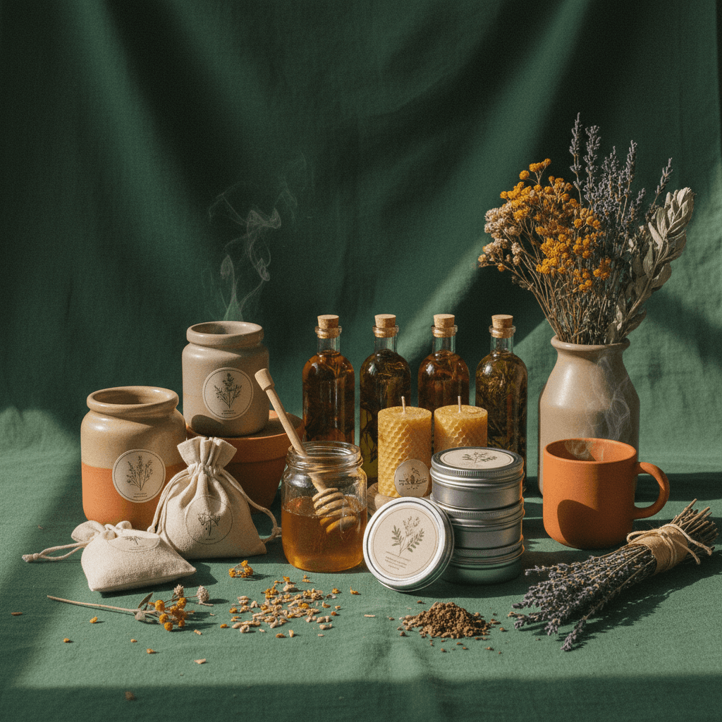 Small-batch maker goods on a dark shelf, honey, candles, and skincare