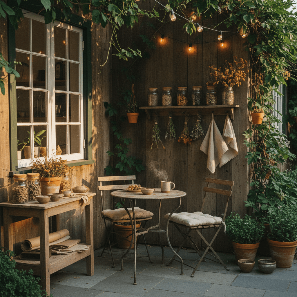 The back patio seating with string lights