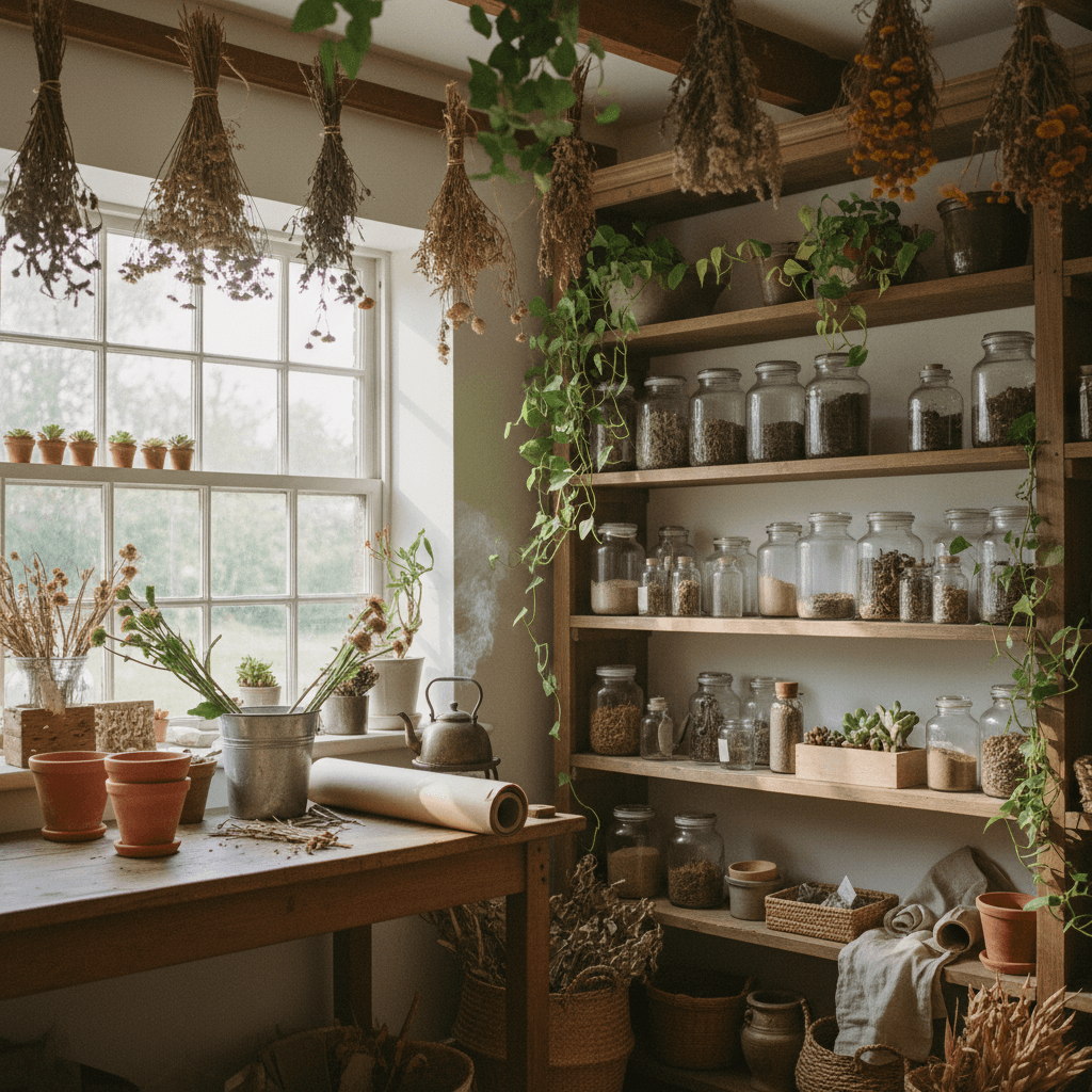 The plant-filled market interior and shelves